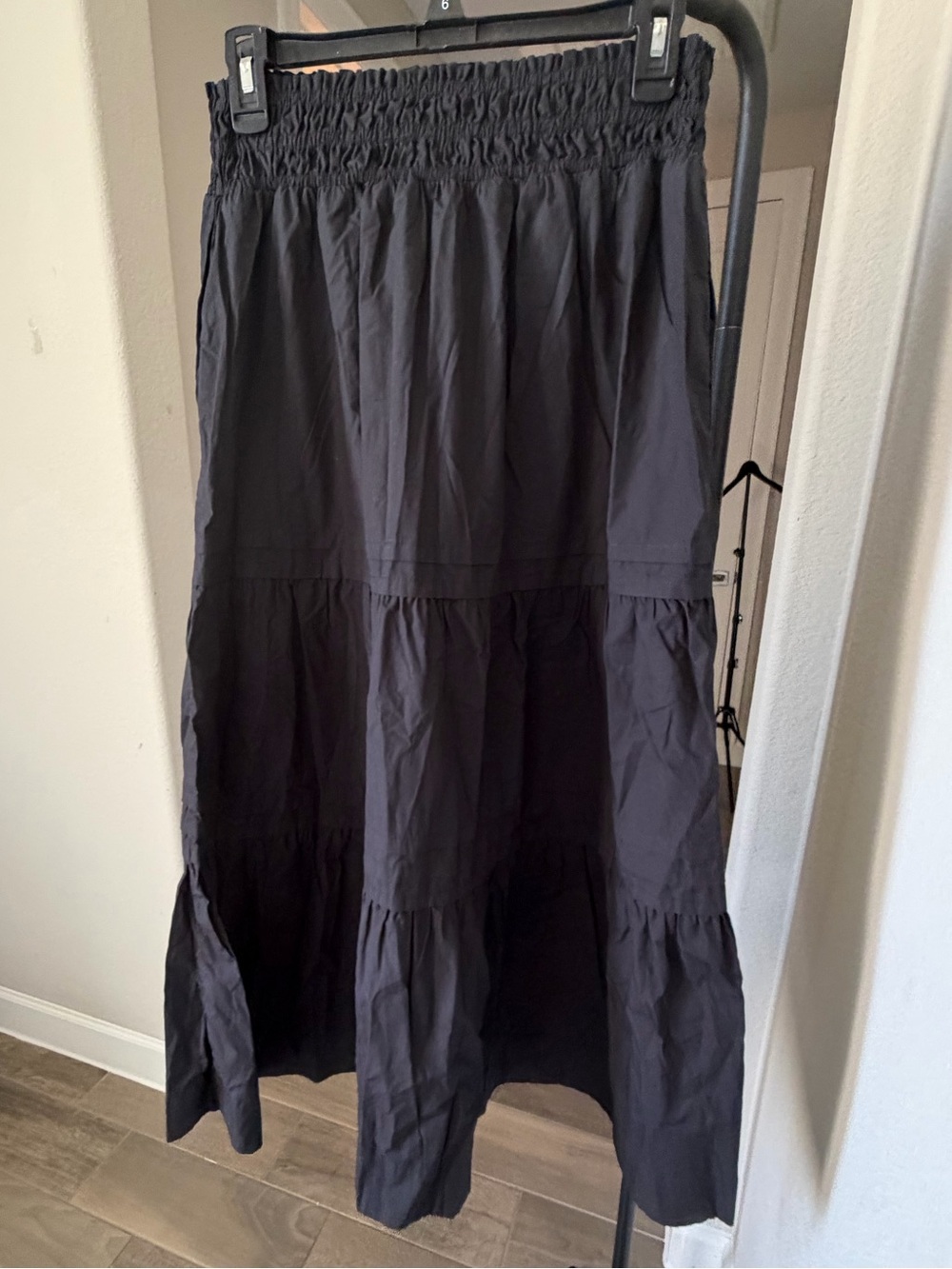 Quince Black Smocked Waist Organic Cotton Poplin Tiered Maxi Skirt S  NWOT